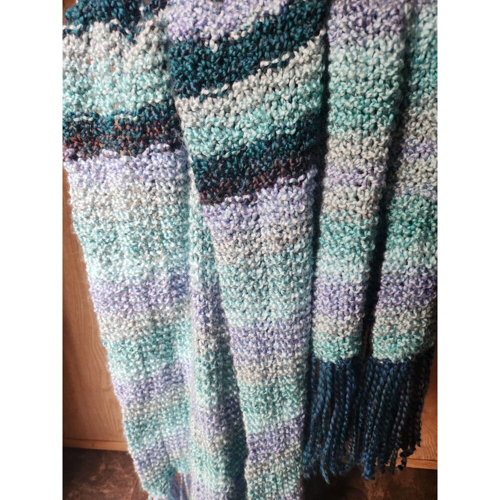Soft Wide Handmade Scarf Crochet ~18x64 In. Multicolor Blue Stripes W/ Fringe - Picture 9 of 16